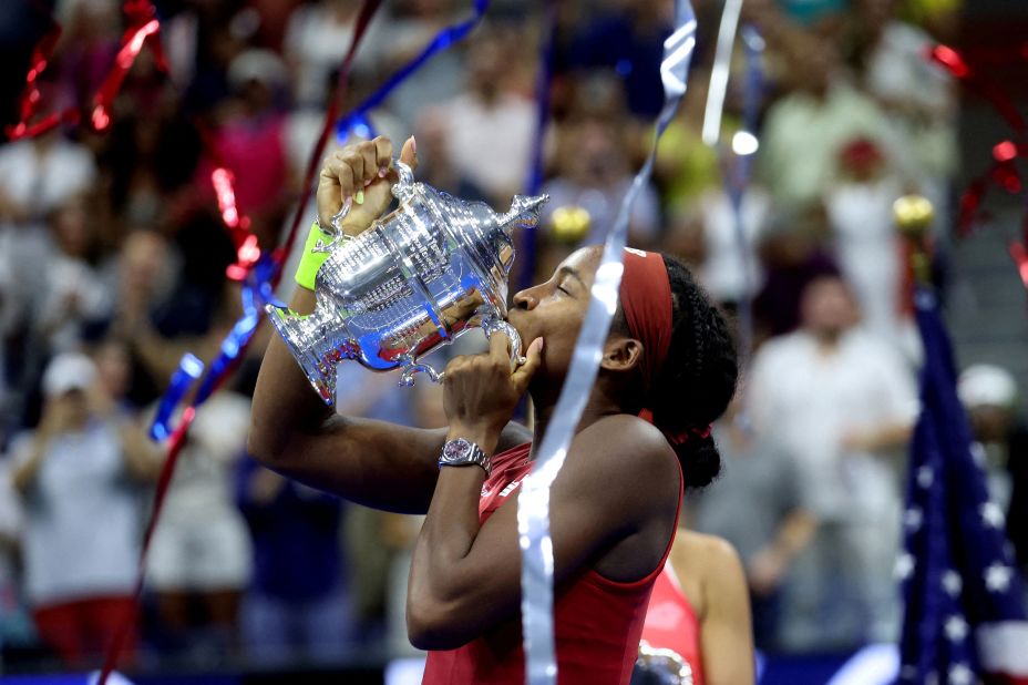 Coco Gauff kisses her trophy after winning the US Open women's singles final at Arthur Ashe Stadium in Queens on Saturday, September 9, 2023.