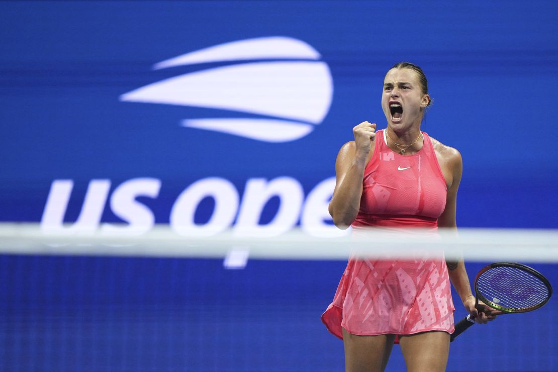 Sabalenka celebrates during a match at the US Open.