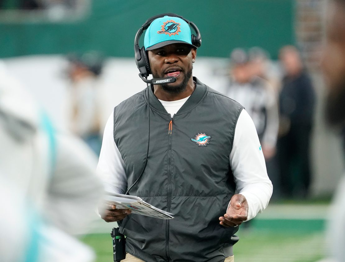 Flores looks on during his time as the head coach of the Miami Dolphins during a game against the New York Jets.