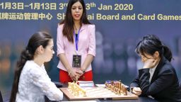 Shohreh Bayat, chief arbiter for the match between Aleksandra Goryachkina of Russia and Ju Wenjun of China, looks on during the match at the 2020 International Chess Federation (FIDE) Women's World Chess Championship in Shanghai on January 11, 2020. (Photo by STR / AFP) / China OUT / TO GO WITH AFP STORY BY PETER STEBBINGS (Photo by STR/AFP via Getty Images)
