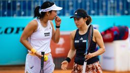 Aldila Sutjiadi of Indonesia & Miyu Kato of Japan in action during the first round of doubles at the 2023 Mutua Madrid Open WTA 1000 tennis tournament on April 29, 2023.