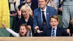 LONDON, ENGLAND - JULY 16: Princess Charlotte of Wales and Prince George of Wales watch Carlos Alcaraz vs Novak Djokovic in the Wimbledon 2023 men's final on Centre Court during day fourteen of the Wimbledon Tennis Championships at All England Lawn Tennis and Croquet Club on July 16, 2023 in London, England. (Photo by Karwai Tang/WireImage)