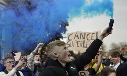 Chelsea fans protest against the European Super League outside Stamford Bridge in April 2021