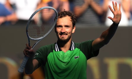 Daniil Medvedev celebrates beating Hubert Hurkacz 7-6 (4), 2-6, 6-3, 5-7, 6-4 after nearly four hours on court.