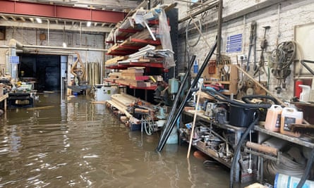 Flood water inside a furniture workshop in Newark-on-Trent, Nottinghamshire.