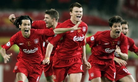 Liverpool players (left to right) Luis Garcia, Steven Gerrard, John Arne Riise, Xabi Alonso and Vladimir Smicer celebrate victory over AC Milan after winning the 2005 Champions League final in Istanbul