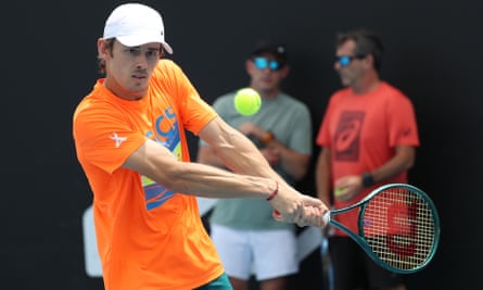 Alex de Minaur practices ahead of his fourth round match at the Australian Open