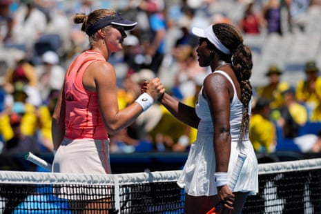 Sloane Stephens and Olivia Gadecki shake hands over the net