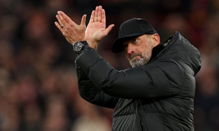 Jürgen Klopp applauds the Liverpool supporters after the FA Cup fourth-round win against Norwich at Anfield on Sunday.