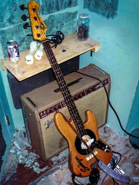 Ali’s much Swinger bass was cobbled together from the discarded parts of a traditional Franken-bass (Jazzmaster neck combined with a larger P-bass body).