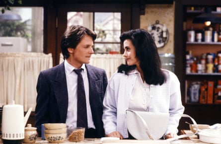 Michael J Fox as Alex P Keaton and Courteney Cox as Lauren Miller in a seventh-season episode of Family Ties.
