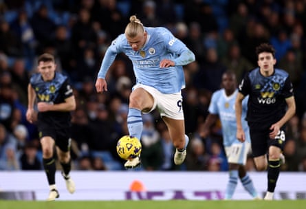 Erling Haaland of Manchester City controls the ball during the Premier League match against Burnley.