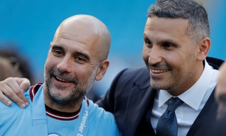 Khaldoon al-Mubarak (right) and Pep Guardiola during the Premier League trophy presentation following the Premier League match between Manchester City and Chelsea at the Etihad Stadium on 21 May 2023
