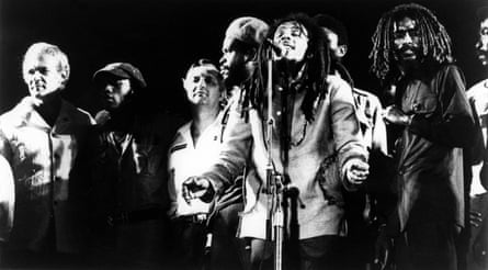Marley on stage at the One Love Peace Concert in Kingston, Jamaica, in 1978, with Michael Manley and Edward Seaga.