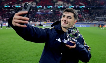 Brahim Díaz poses for a selfie after being awarded the Player of the Match at full-time