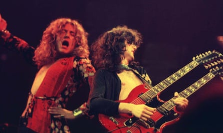Robert Plant and Jimmy Page of Led Zeppelin performing in 1975.