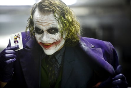 Heath Ledger plays the definitive Joker in The Dark Knight.