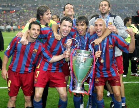 Henrik Larsson and his Barcelona teammates celebrate after beating Arsenal in the 2006 Champions League final