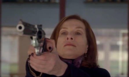 Huppert points a gun in Paul Verhoeven’s Elle.