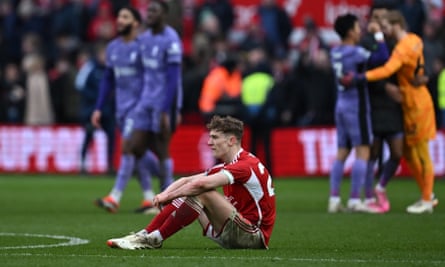 Nottingham Forest’s Ryan Yates shows his disappointment after defeat by Liverpool at the start of the month