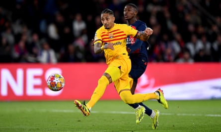 Barcelona’s Raphinha volleys in his, and Barcelona’s, second goal of the game in the Champions League quarter-final first leg against Paris Saint-Germain.