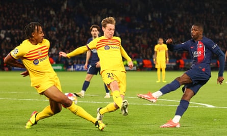 Ousmane Dembélé fires home from inside the area to score PSG’s first goal of the game early in the second half.