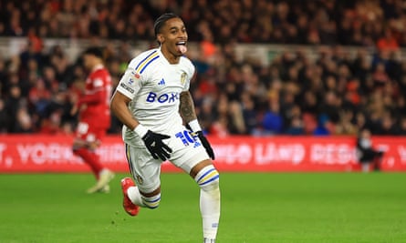 Crysencio Summerville of Leeds United celebrates one of his two goals against Middlesbrough.