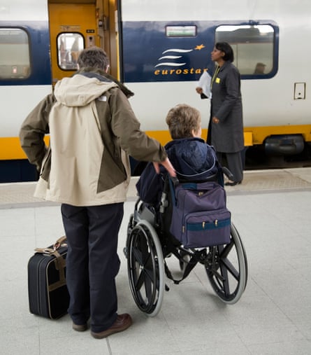 A wheelchair passenger waits to board a Eurostar train at London St Pancras