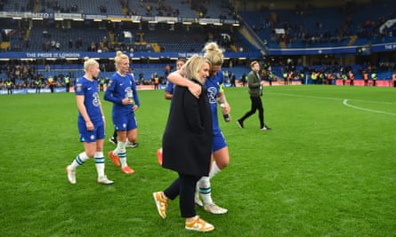 Chelsea’s Millie Bright embraces her manager Emma Hayes after the FA Women’s Super League match between Chelsea and Tottenham Hotspur at Stamford Bridge in November 2022.