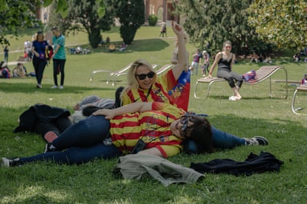 Barcelona fans Mar and Sandra relax at the fan zone in Bilbao ahead of the 2024 Women’s Champions League final between Barcelona and Lyon.