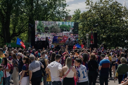 Barcelona fans at the fan zone in Bilbao ahead of the 2024 Women’s Champions League final between Barcelona and Lyon.