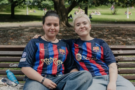 Barcelona fans Irati and Maria at the fan zone in Bilbao ahead of the 2024 Women’s Champions League final between Barcelona and Lyon.