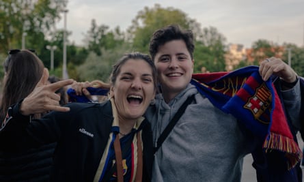 Barcelona fans Rachele and Mireia enjoy the atmosphere at the fan zone in Bilbao ahead of the 2024 Women’s Champions League final between Barcelona and Lyon.