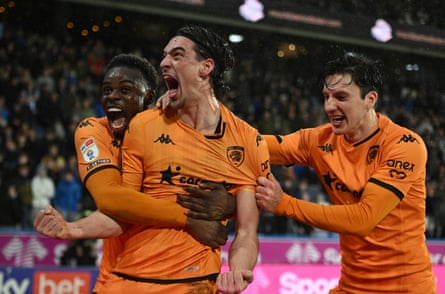 Jacob Greaves (centre) celebrates after scoring an injury-time winner against Huddesfield in February.