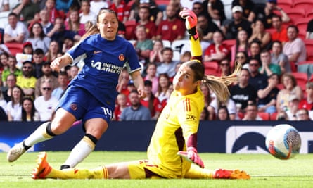 Fran Kirby scores past Mary Earps to make it 6-0 to Chelsea as the Blues secured the WSL title