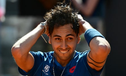 Alejandro Tabilo celebrates his shock victory against Novak Djokovic