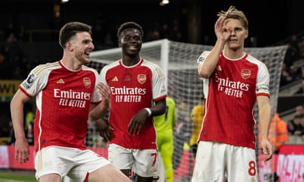 Martin Ødegaard celebrates scoring for Arsenal.