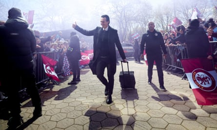 Unai Emery gives a thumbs up to supporters outside Villa Park ahead of the Premier League match between Aston Villa and Bournemouth