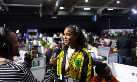 Dudu Zuma-Sambudla speaks to reporters at the election results centre.