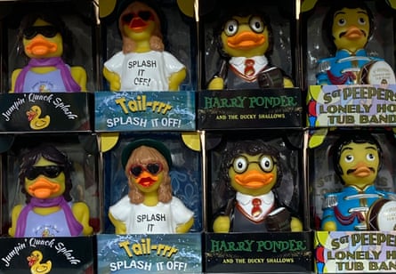 Rubber ducks on sale at London’s Victoria station, including a ‘Splash It Off’ Swift duck (top, second left)