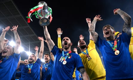 Italy’s Leonardo Bonucci and his teammates celebrates with the trophy after winning Euro 2020 (in July 2021) at Wembley.