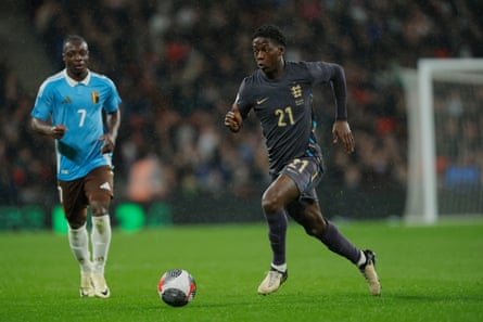 Kobbie Mainoo during his first England start against Belgium