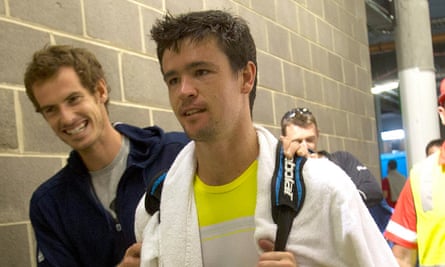 Jamie Baker is congratulated by Andy Murray after his win against Donald Young at the 2013 Australian Open in Melbourne.