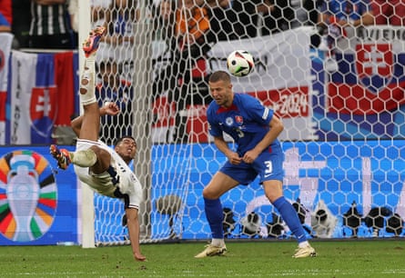 Jude Bellingham scores England’s last minute equaliser during the Euro 2024 round of 16 match between England and Slovakia.