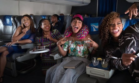 Regina Hall, Tiffany Haddish, Jada Pinkett Smith and Queen Latifah on an aeroplane