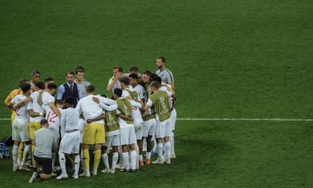 Gareth Southgate gives instructions to his players before extra-time during the 2018 Fifa World Cup semi-final match between England and Croatia