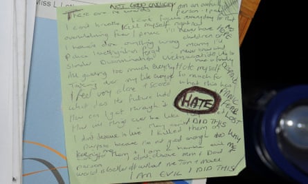 Handwritten note on green notepaper including the word ‘Hate’ circled in bold capitals and words ‘I am evil, I did this’ in capitals at the bottom 