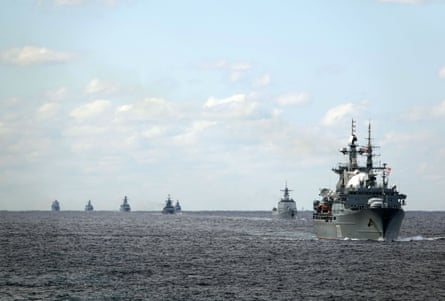 Warships from China and Russia sail through the Tsugaru strait during naval exercises in 2021 in the Western part of the Pacific Ocean.