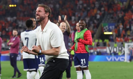 Gareth Southgate celebrates at full time as England defeat the Netherlands 2-1 to progress to the final, on 10 July 2024.