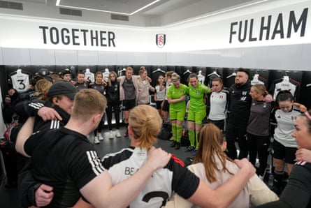 A final dressing room team talk for the Fulham players ahead of their London & South East Regional Women’s League match against Dartford in April 2024.